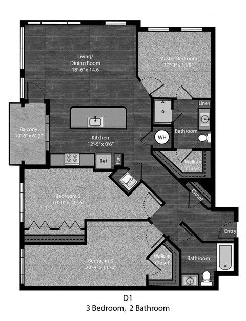 Floor plan for 3 beds, 2 baths, 1413 sqft